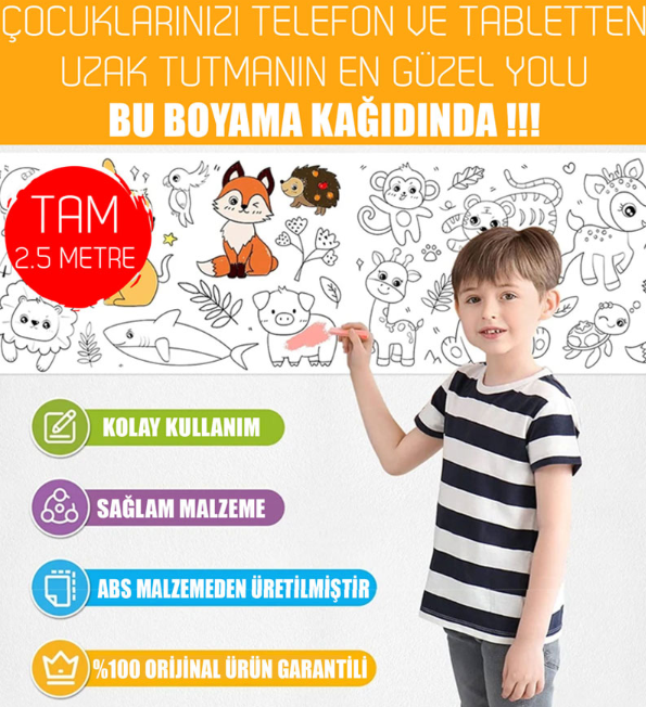 2.5 Metre Boyama Kağıdı (1 Alana 1 Hediye 12 ADET Boya Kalemi İle Birlikte)