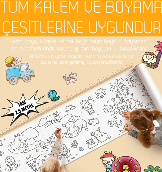 2.5 Metre Boyama Kağıdı (1 Alana 1 Hediye 12 ADET Boya Kalemi İle Birlikte)